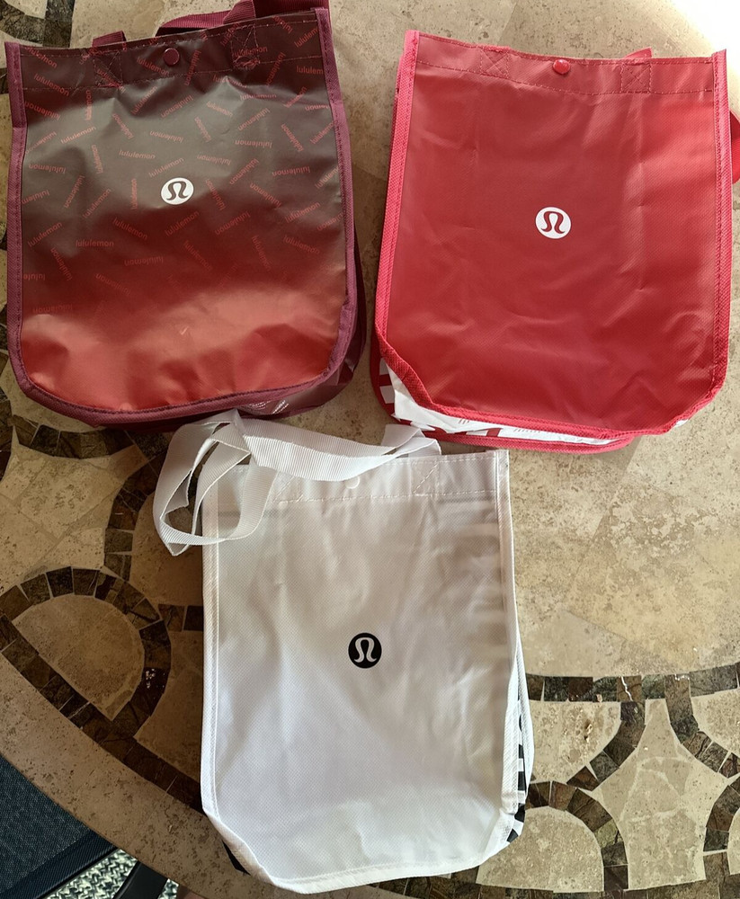 Lululemon Small Reusable Tote Shopping Bag 12″x9″ Snap Black White Red Lot Of 3