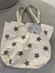 Foldable Canvas Tote Bag with Star Pattern, Beige Black, Reusable Shopping Bag