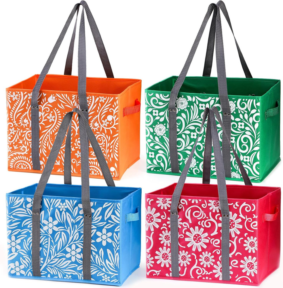 4 Pack Reusable Grocery Bags, Collapsible Large Storage Box Bag with Reinforced
