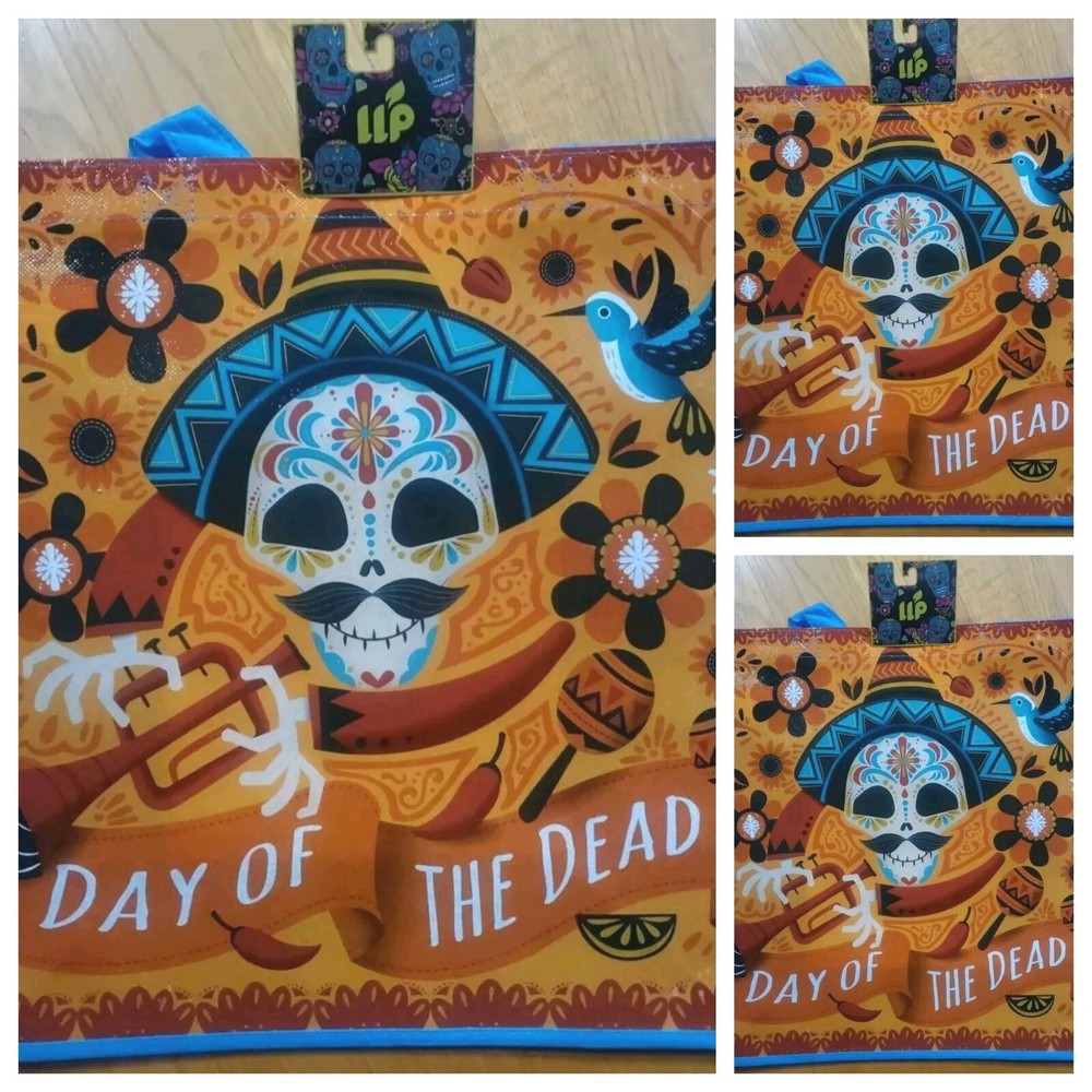 Lot of 3 Day Of The Dead Sugar Skull Halloween Tote Shopping Bag Reusable