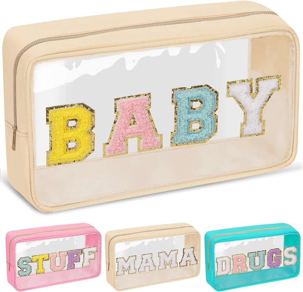 Chenille Letter Clear Makeup Bag with Zipper and Waterproof Nylon BABY-Beige
