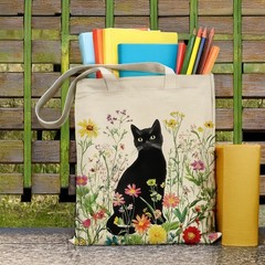 Aesthetic Tote Bag for Women, Black Cat and Floral Canvas Bag, Vintage Shoppi…