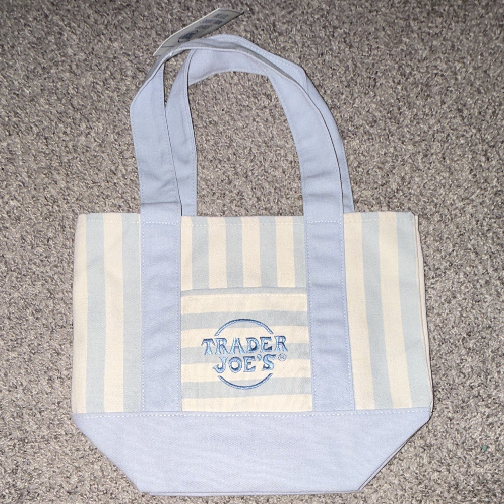 Trader Joe’s Striped Tote Bag Blue/White Reusable Shopping 10x10x6 in New