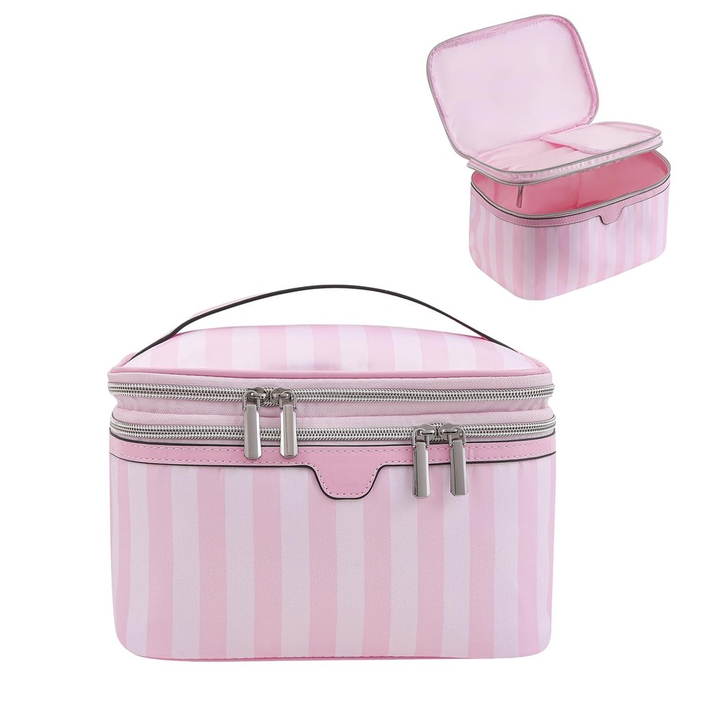 RSRSLEII Large Waterproof Double Layer Travel Makeup Bag, 01Top Open