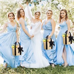 6 PCS Bridesmaid Straw Beach Bags Woven Burlap Tote Handle Ribbon Black