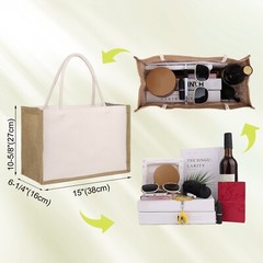 6 PCS Cotton Canvas Tote Bags with Burlap Sides, Reusable Grocery Shopping Bag