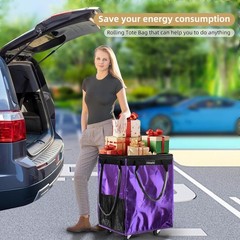 Durable 66lb Capacity Foldable Rolling Tote Bag in Purple – Perfect for Shopping