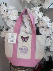 Trader Joe’s Mini Pastel Canvas Reusable Tote Bag Pink Beige Solid Butterfly