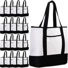 Canvas Tote Bags Bulk with Outer Pocket 18 Inch Reusable Shopping Grocery Bla…