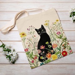 Aesthetic Tote Bag for Women, Black Cat and Floral Canvas Bag, Vintage Shoppi…