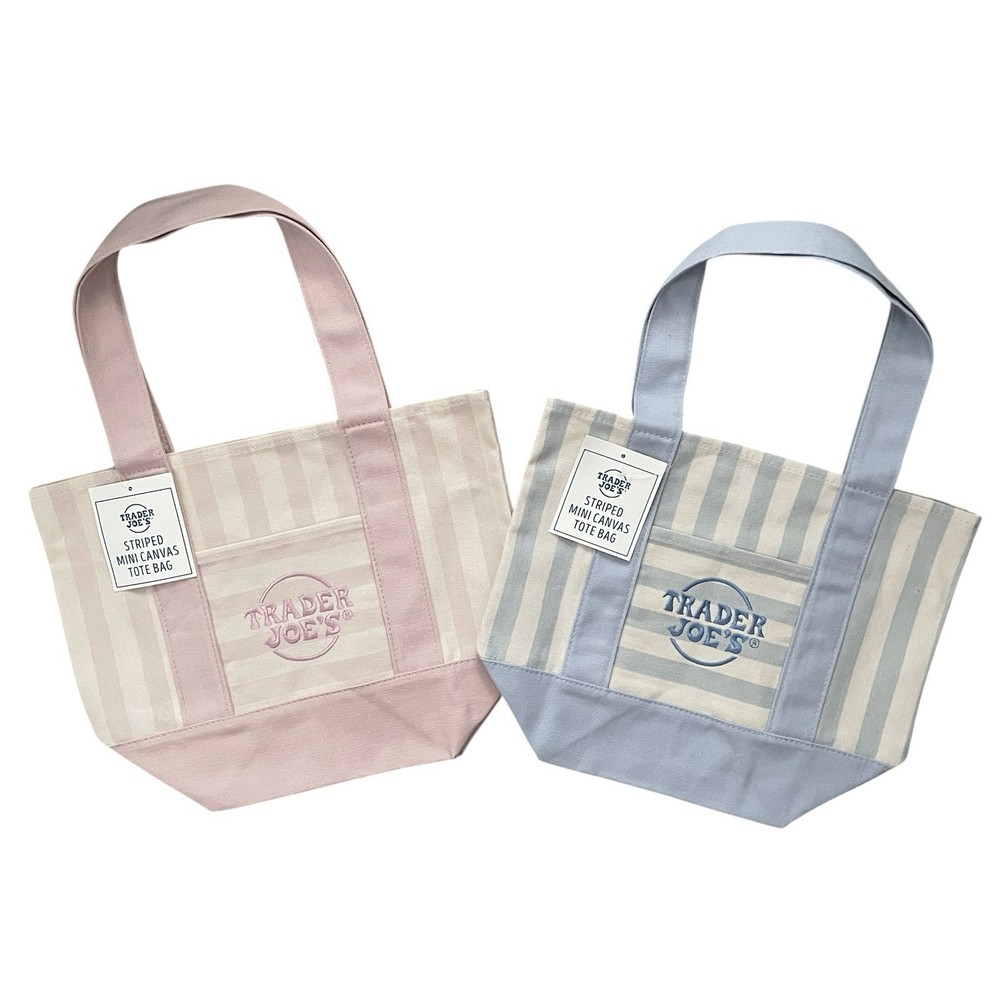 Trader Joe’s Mini Striped Canvas Tote Bag Pastel Pink Blue Summer SET of 2 NWT