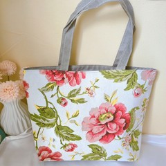 Reusable Tote Bag Floral Pink/Green/White Print Multicolor/Gray Handles