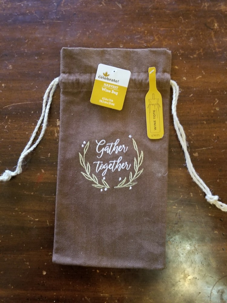 Wine Bottle Brown Tote Gather Reusable Gift Bag Cotton Canvas Weave Type Fabric