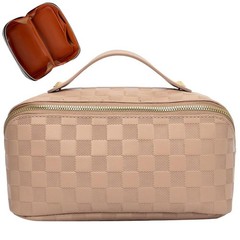 Cessfle Travel Makeup Bag, Checkered Bag Large Capacity 01-Khaki