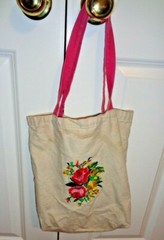 Vintage Reusable Embroidered Flower Cotton Grocery Tote Bag & Pink Strap 13X13X3
