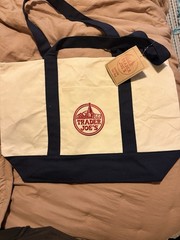 Trader Joe’s Reusable Foldable Canvas Shopping Bag Beige Navy Blue