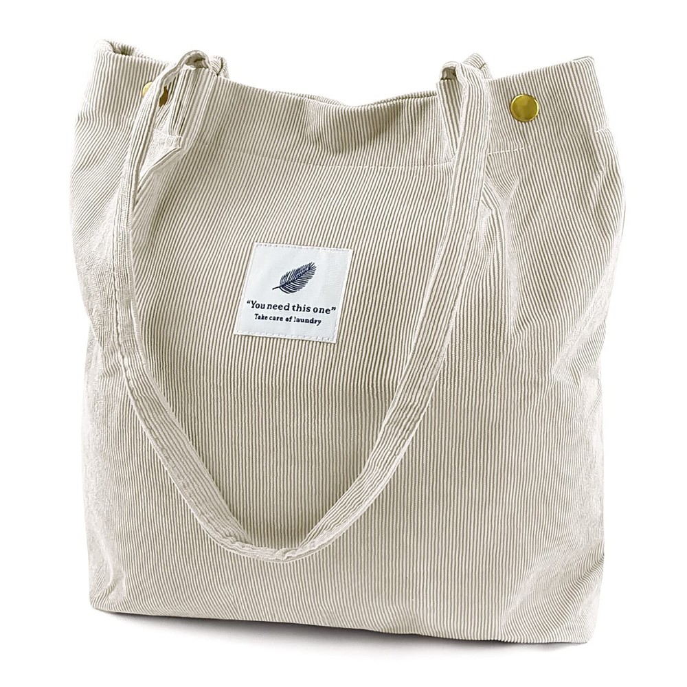 Corduroy Tote Bag for Women Canvas Shoulder Cord Purse with Inner Pocket（Beige）