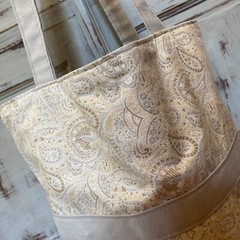 Tote Bag Fully Reversible, Shopping/Beach Bag, Paisley Beige & Cream, 40x38cm