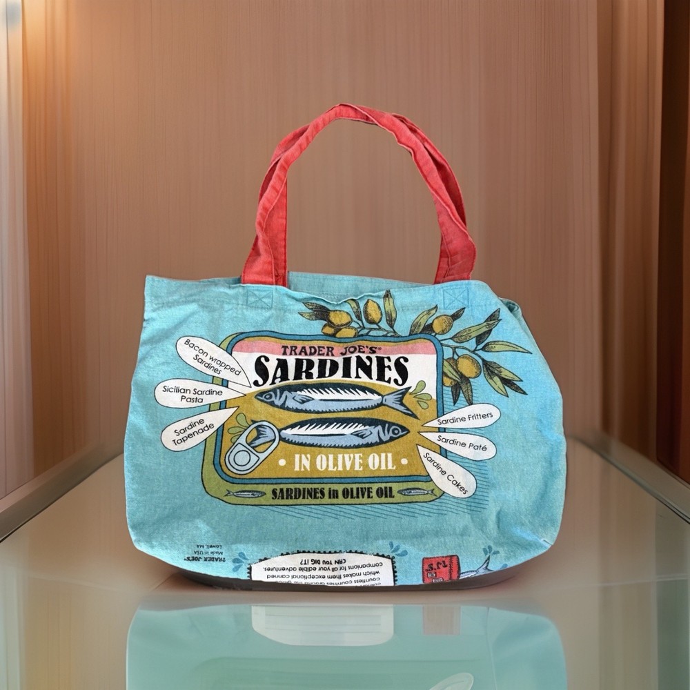 Trader Joe’s Sardines in Olive Oil Foldable Canvas Shopping Bag Pop Art Blue Red