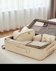 Telena Leather Make Up Bag Portable Travel Makeup 0-Beige with Brown