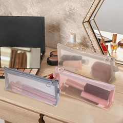3 Pcs Mesh Makeup Brush Bag, Nylon Zipper Pouch Bags pink, gray, khaki