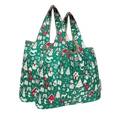 Medium Foldable Tote Nylon Reusable Grocery Bag Set of 2 Christmas Green