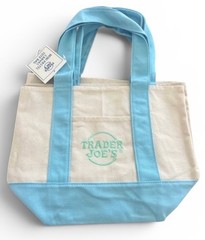 Trader Joes Mini Tote Bag Baby Blue Canvas Pastel Pocket Cotton Embroidered NWT