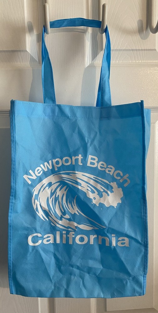 Newport Beach California Wave Design Light Blue Reusable Fabric Tote Bag