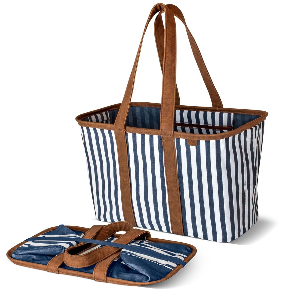 Collapsible LUXE Tote – Navy Striped 1 Pack 30L / 8 Gal – Reusable Grocery Sh…