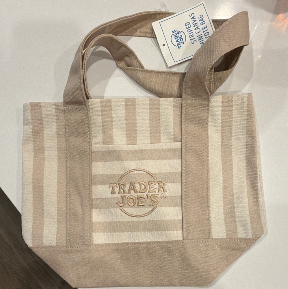 Trader Joe’s Striped Mini Canvas Tote Bag Reusable Beige/White 12x17x6 in