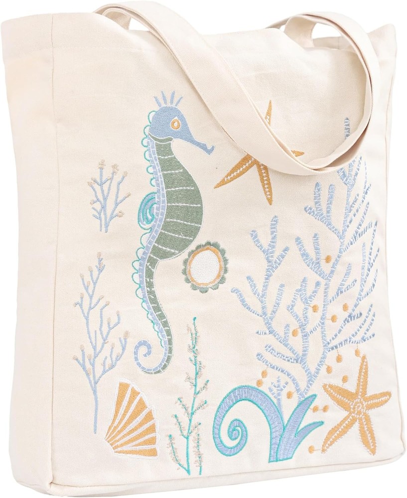 Ocean-Themed Embroidery Tote Bag for Women Summer Canvas Beach Bag Reusable Bag