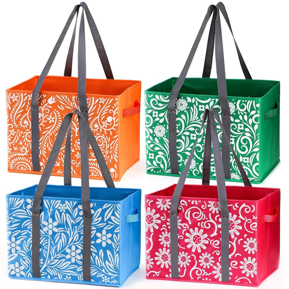 4 Pack Reusable Grocery Bags Collapsible Large Storage Box Bag with Reinforced