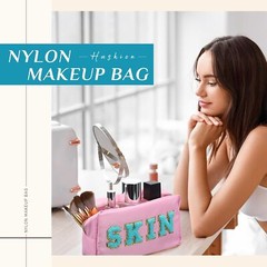 Cunno 4 Pcs Preppy Makeup Bag Chenille Letter Nylon Cosmetic Light Color