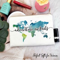 Travel Bag Adventure Awaits Makeup Case Cosmetic Nature Linen World Beige