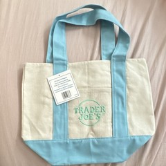Trader Joe’s Foldable Tote Bag Blue Beige Cotton Polyester Reusable Shopping