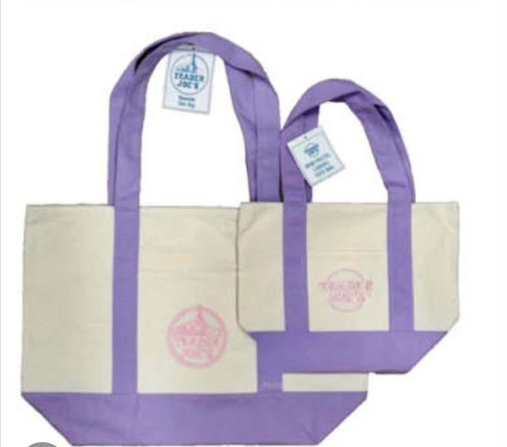 TRADER JOE’S CANVAS REUSABLE SHOPPING BAG SET OF 2 PURPLE BEIGE FOLDABLE