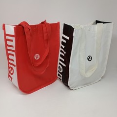 Lot of 2 LULULEMON Reusable Small Tote Bags 9″ x 11″ w/ Handles Red White Black