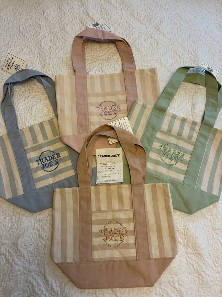 GENUINE NWT Trader Joe’s Small Striped Canvas Tote Bag Set 4pcs (AUTHENTIC)