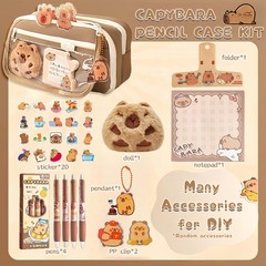 IN Chenthy Capybara Pencil Case Kit with Plush Doll+20 Stickers+2 Brown