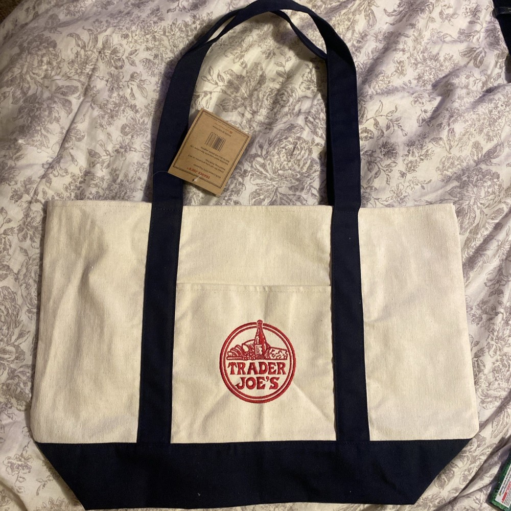 Trader Joe’s Reusable Foldable Tote Bag brand new Cotton Polyester Black White
