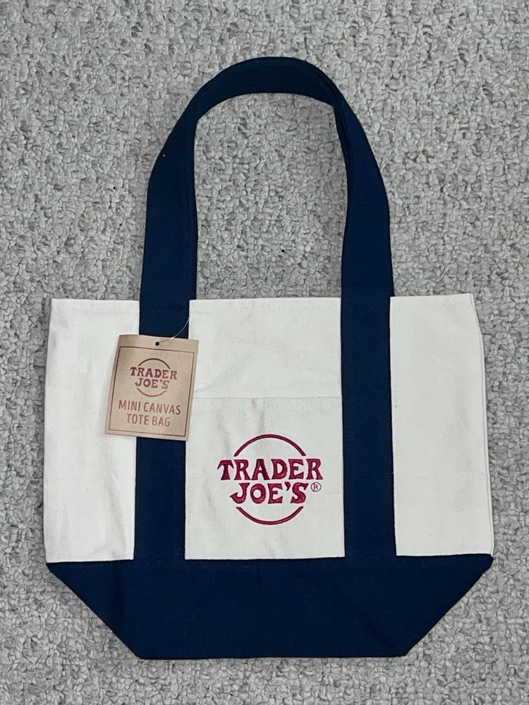 Trader Joe’s Mini Canvas Tote Bag Foldable White Navy Blue Small