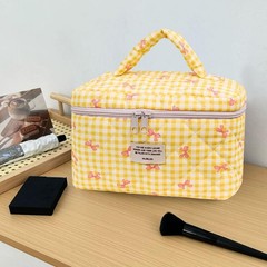 Yucenora Large Travel Quilted Makeup Bag, Cute Bow Cotton cosmetic Yellow