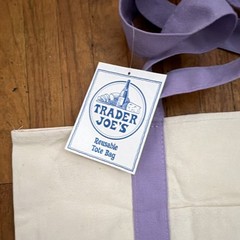 Trader Joe’s Foldable Reusable Tote Bag Beige Purple Cotton Polyester