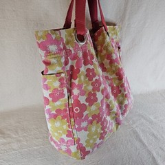 Canvas Tote Bag Floral Pink Yellow Pockets Hippie Boho Mod Beach Shopping Casual