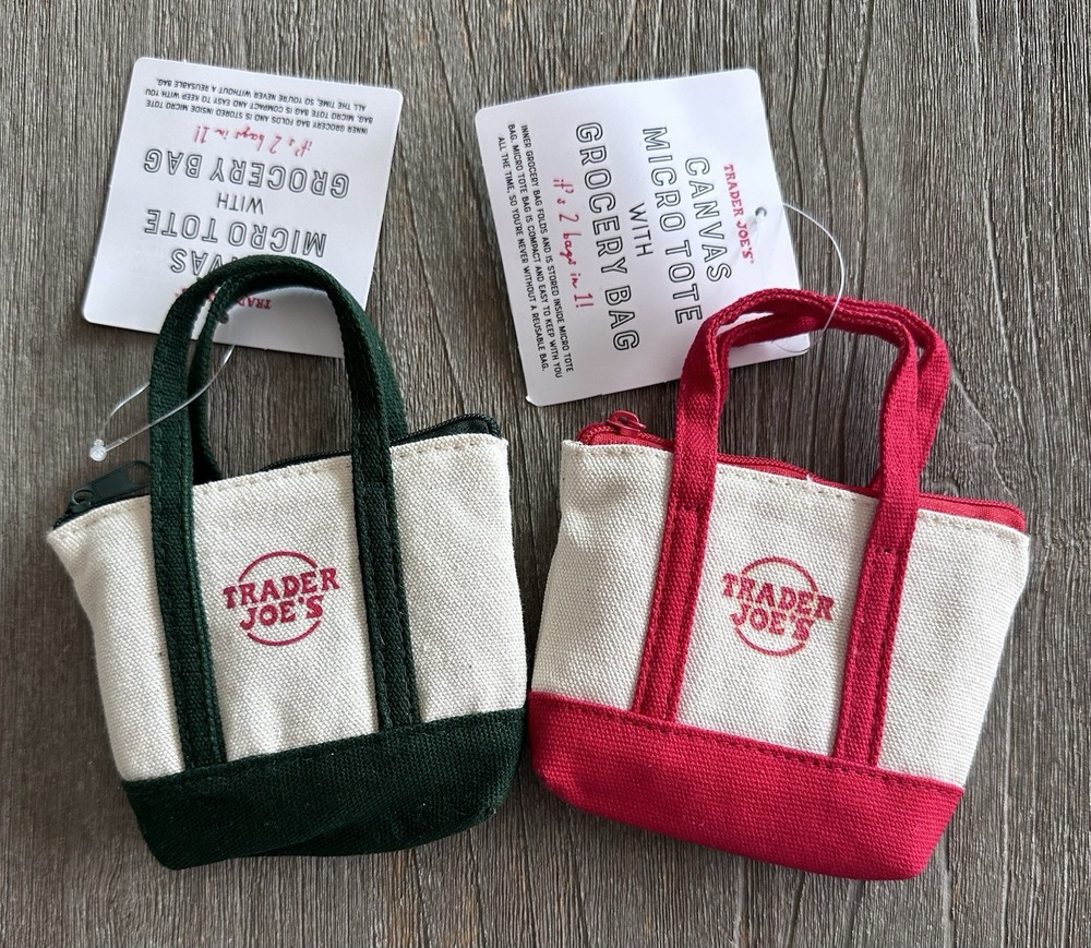 NWT TRADER JOE’S Micro Canvas Tote With Grocery Bag Set Of 2 Red Green Limited