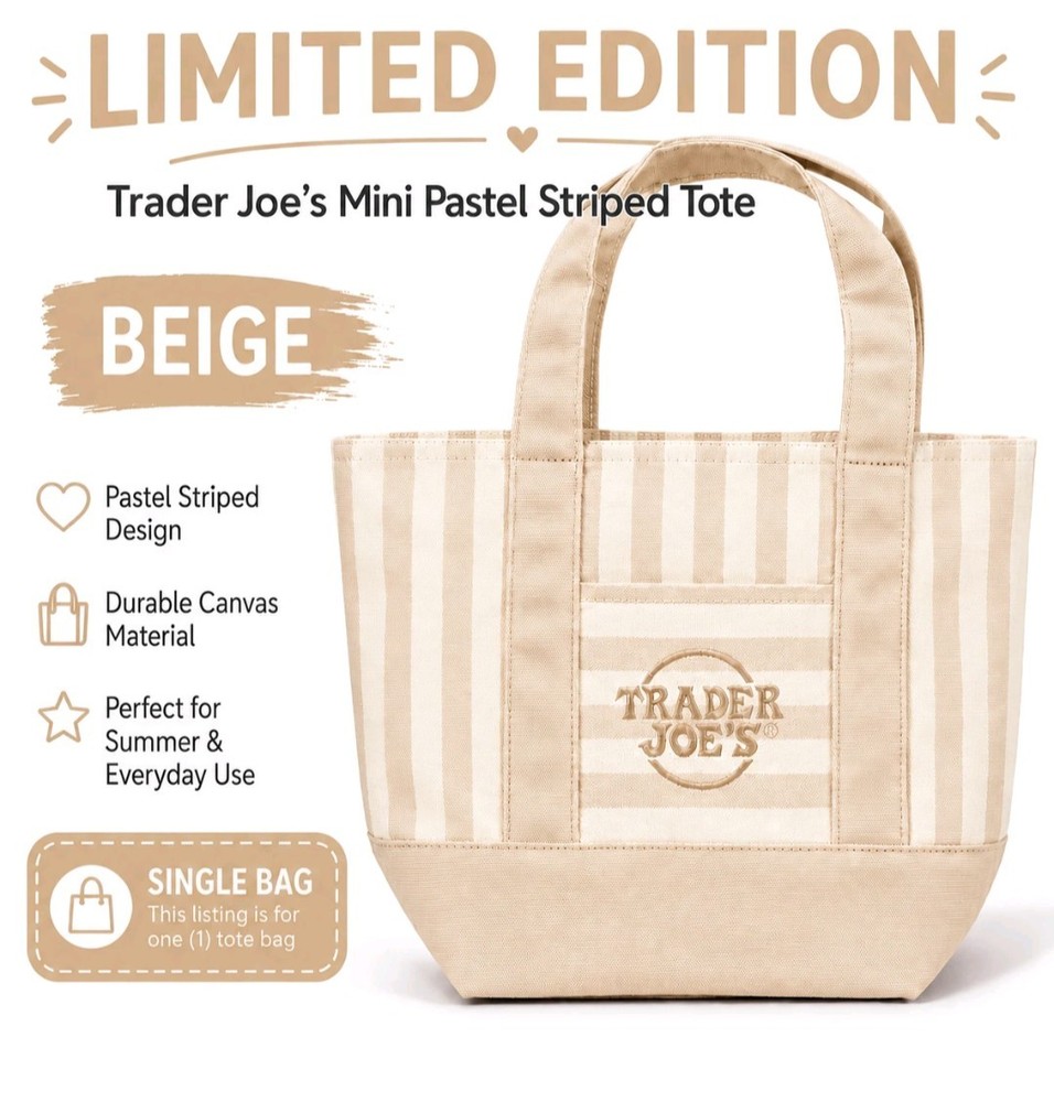 T:rader Joe’s Limited Mini Canvas Pastel Striped Tote Bag 2026 Beige/Tan NWT.