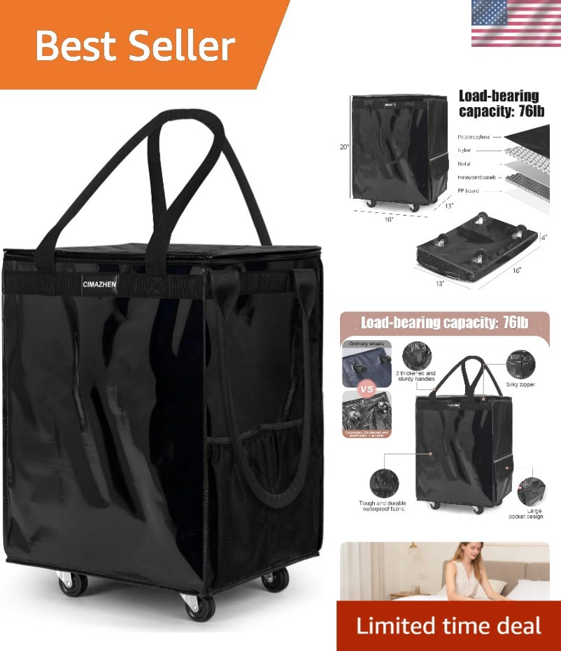 Durable Medium 76lbs Rolling Tote Bag with 3 Handles – Perfect for Busy Shoppers