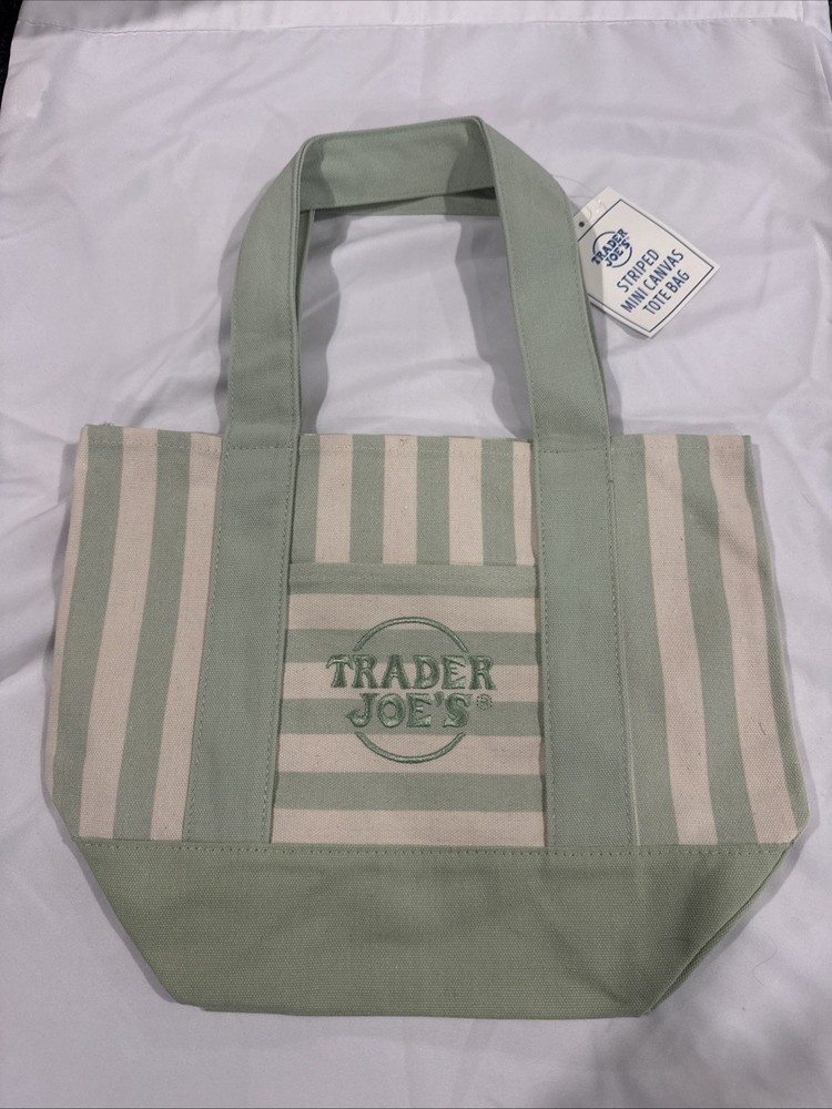 Trader Joe’s Mini Canvas Tote Bag Striped Green 13x11x6 in
