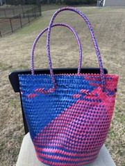 Foldable Plastic Geometric Pink Blue Tote Bag Medium 12in x 6in Basket