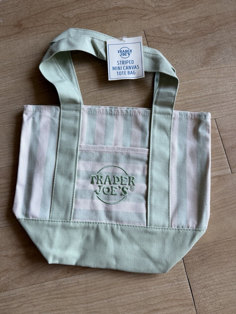 Trader Joe’s Mini Pastel Stripe Canvas Tote Bag Green Mint Limited Edition